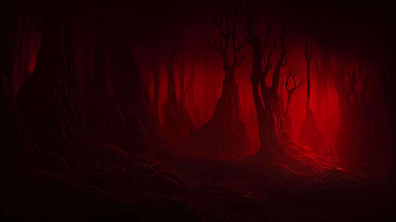 Eerie dark forest with bare trees and glowing red backdrop