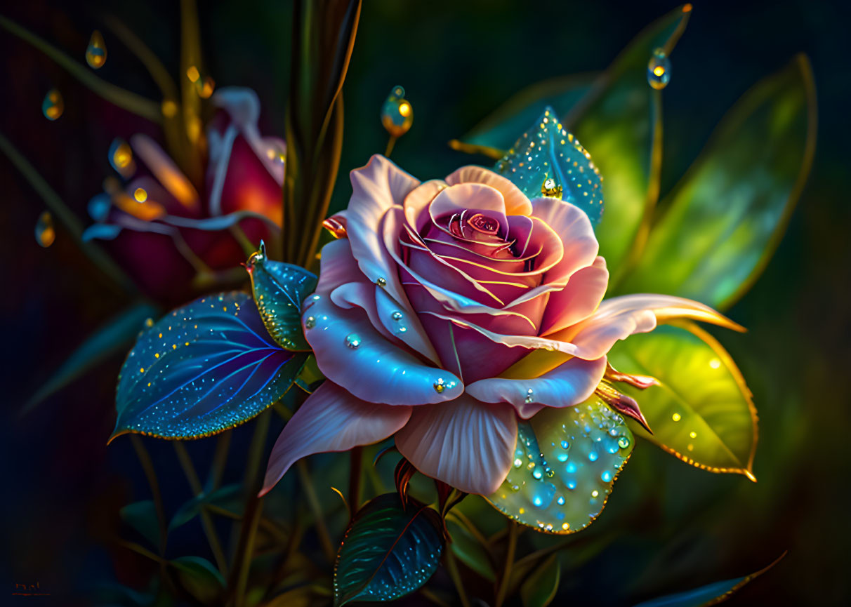 Digitally Enhanced Blooming Rose with Dewdrops on Dark Bokeh Background
