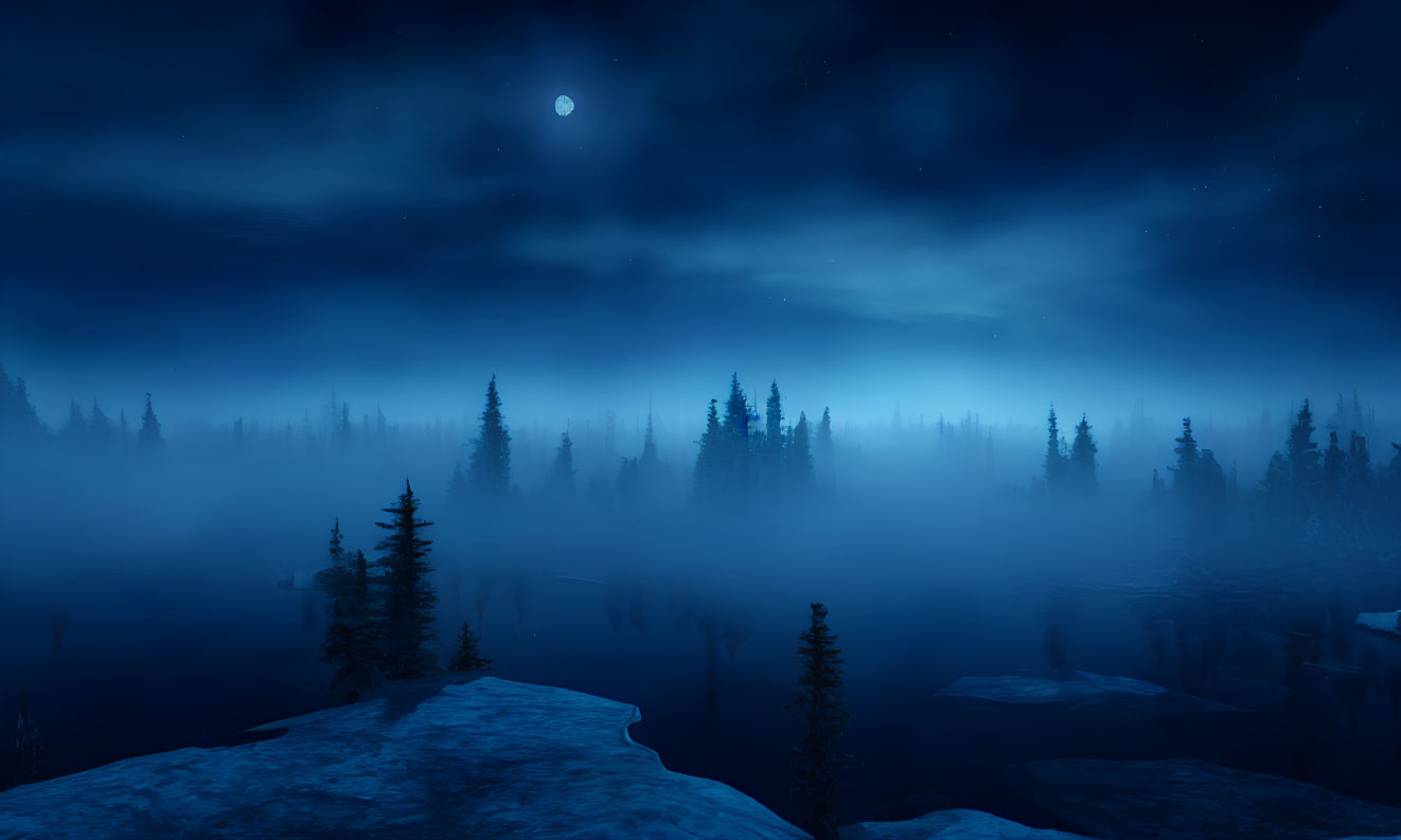 Misty forest nighttime landscape under starry sky