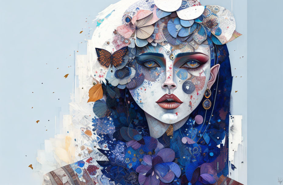 Digital Artwork: Woman with Butterfly, Flower, and Geometric Collage in Blue Hues
