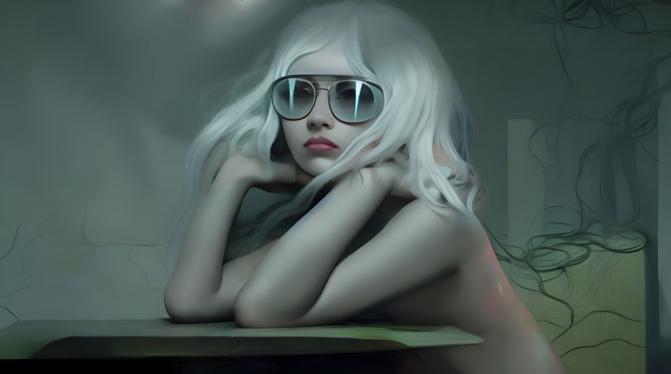 Person with White Hair and Large Glasses in Moody Setting with Ethereal Vines