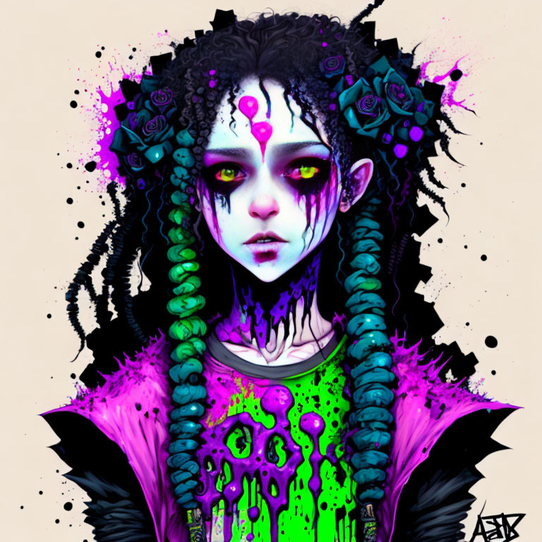Gothic character with green braided hair, purple skin, yellow eyes, and neon green details