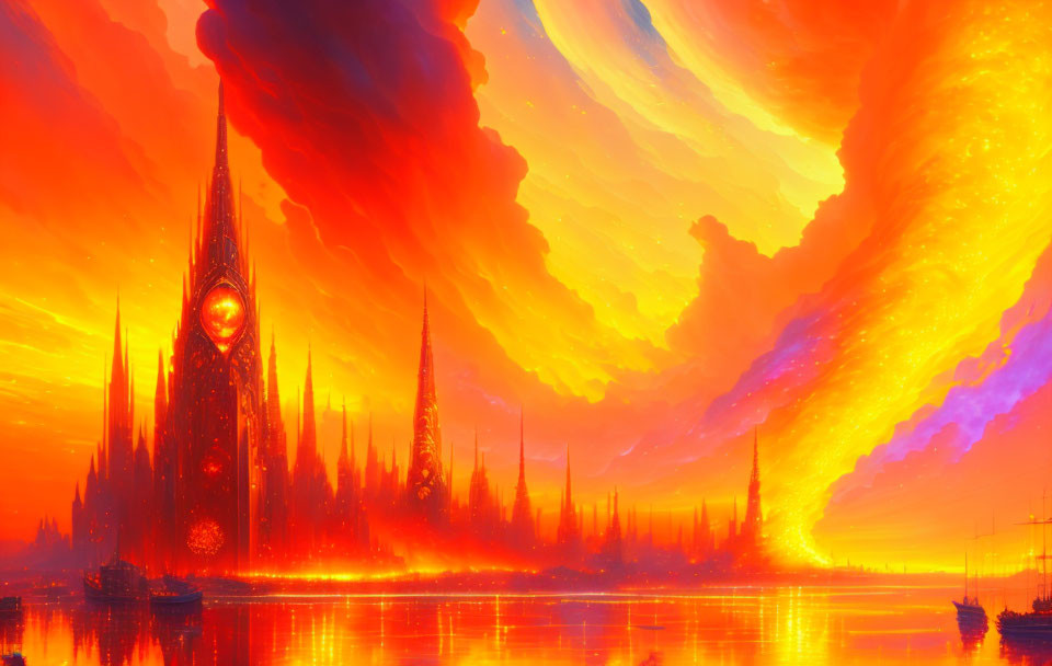 Vibrant fantasy landscape with glowing sky and sharp spired structures