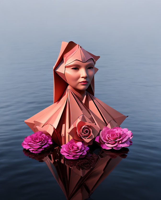 Geometric humanoid figure with origami features among pink roses on reflective water