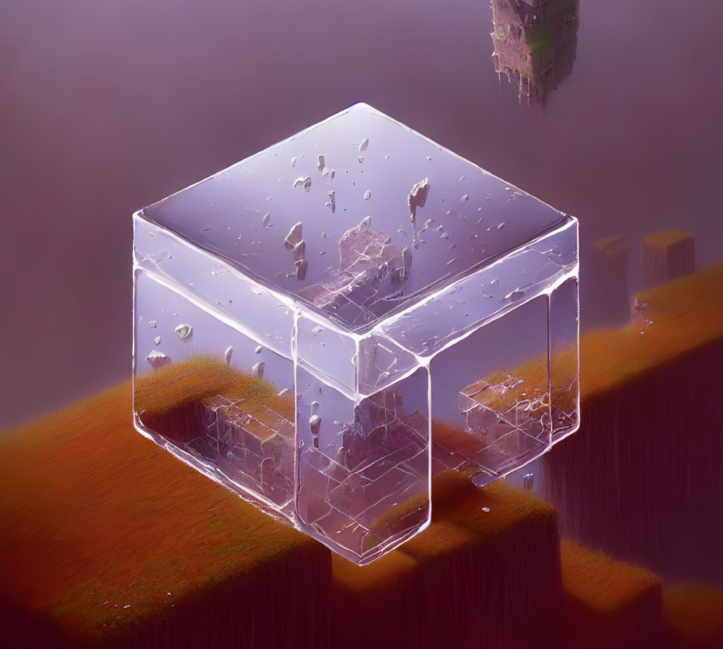 Glass Cube with Floating Islands on Pink and Purple Background