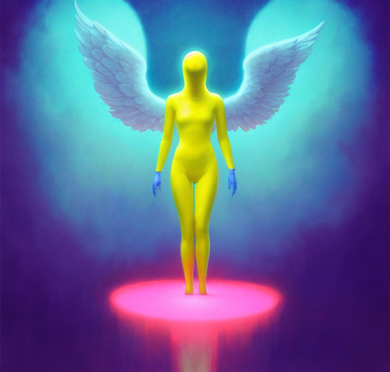 Surreal yellow humanoid with white wings on pink circle in blue aura