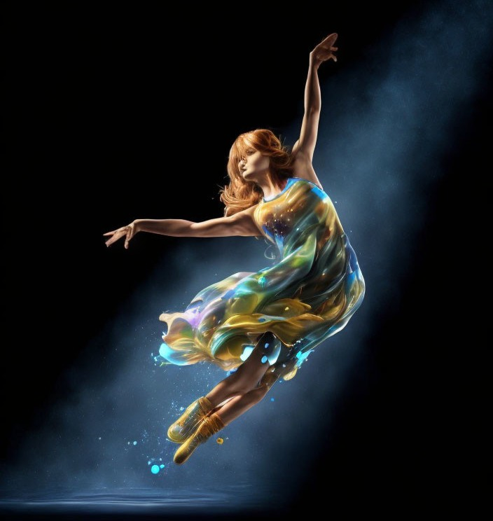 Colorful flowing dress dancer in mid-air against dark background