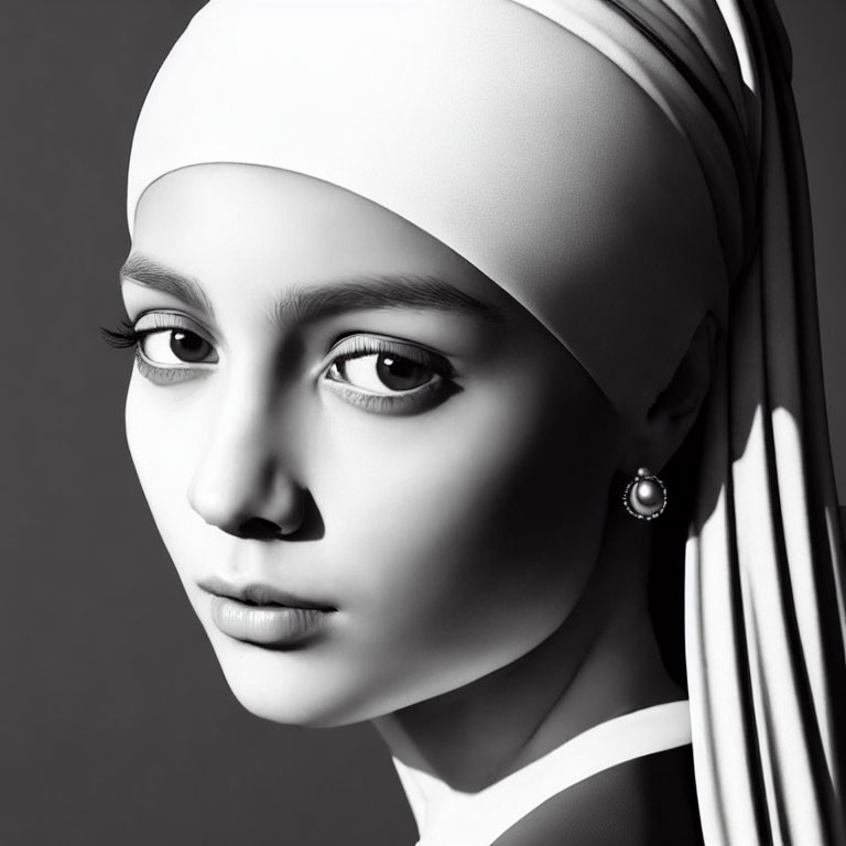 Monochrome portrait of person in white headscarf with pearl earring