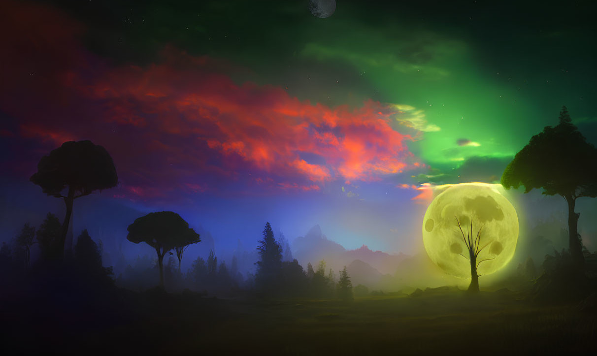 Mystical landscape with vibrant aurora borealis and moon