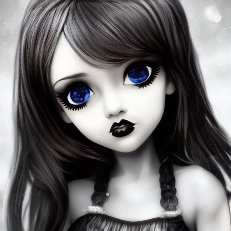 Stylized animated doll with blue eyes and braided hair on snowy backdrop