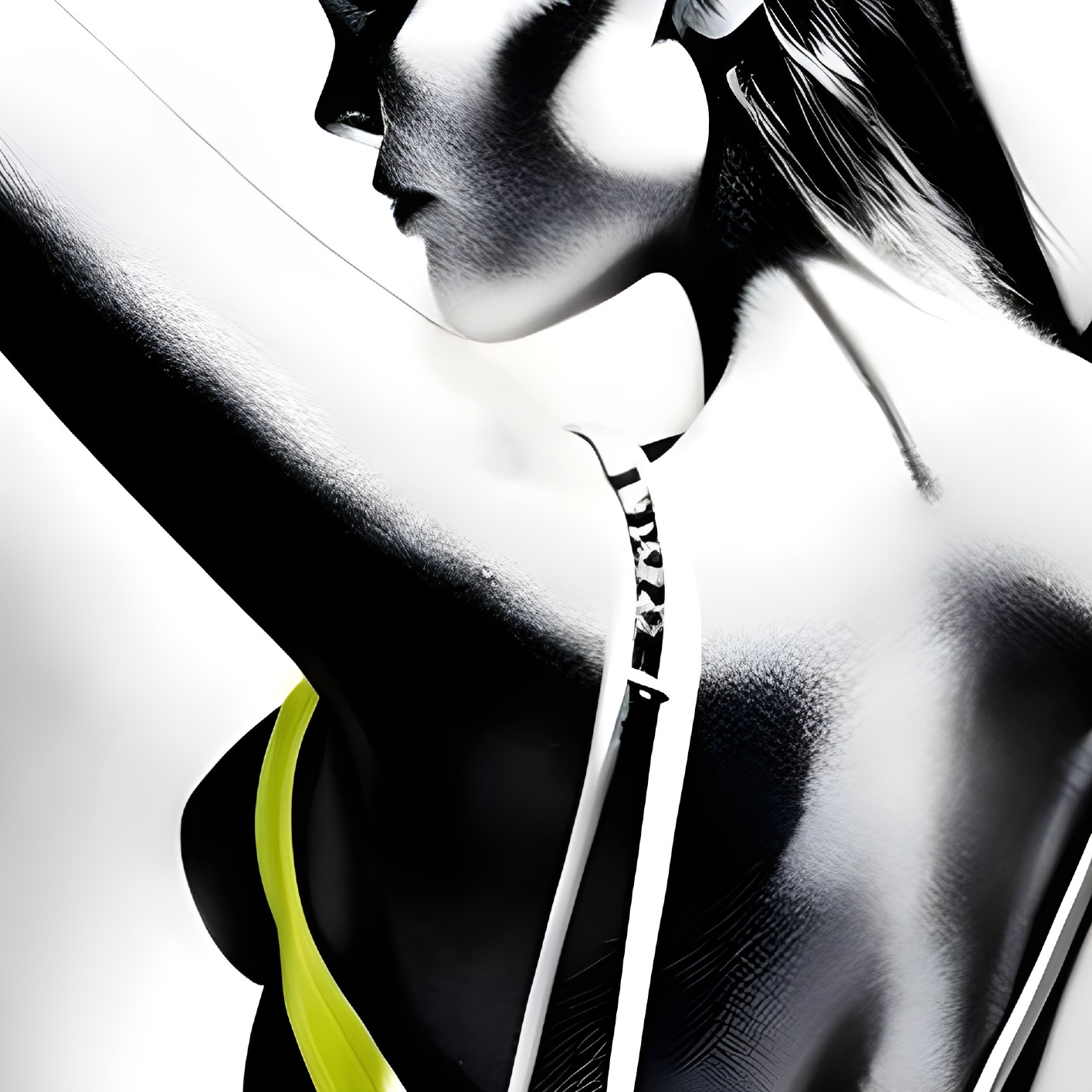 Monochrome abstract art: stylized female figure in black, white, and yellow.