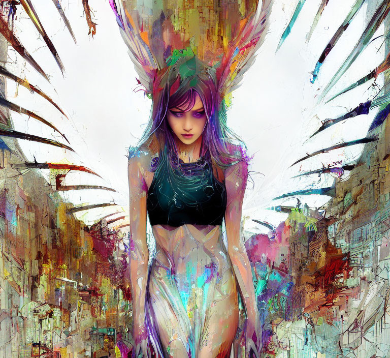 Colorful mythical female figure with vibrant wings and urban backdrop.