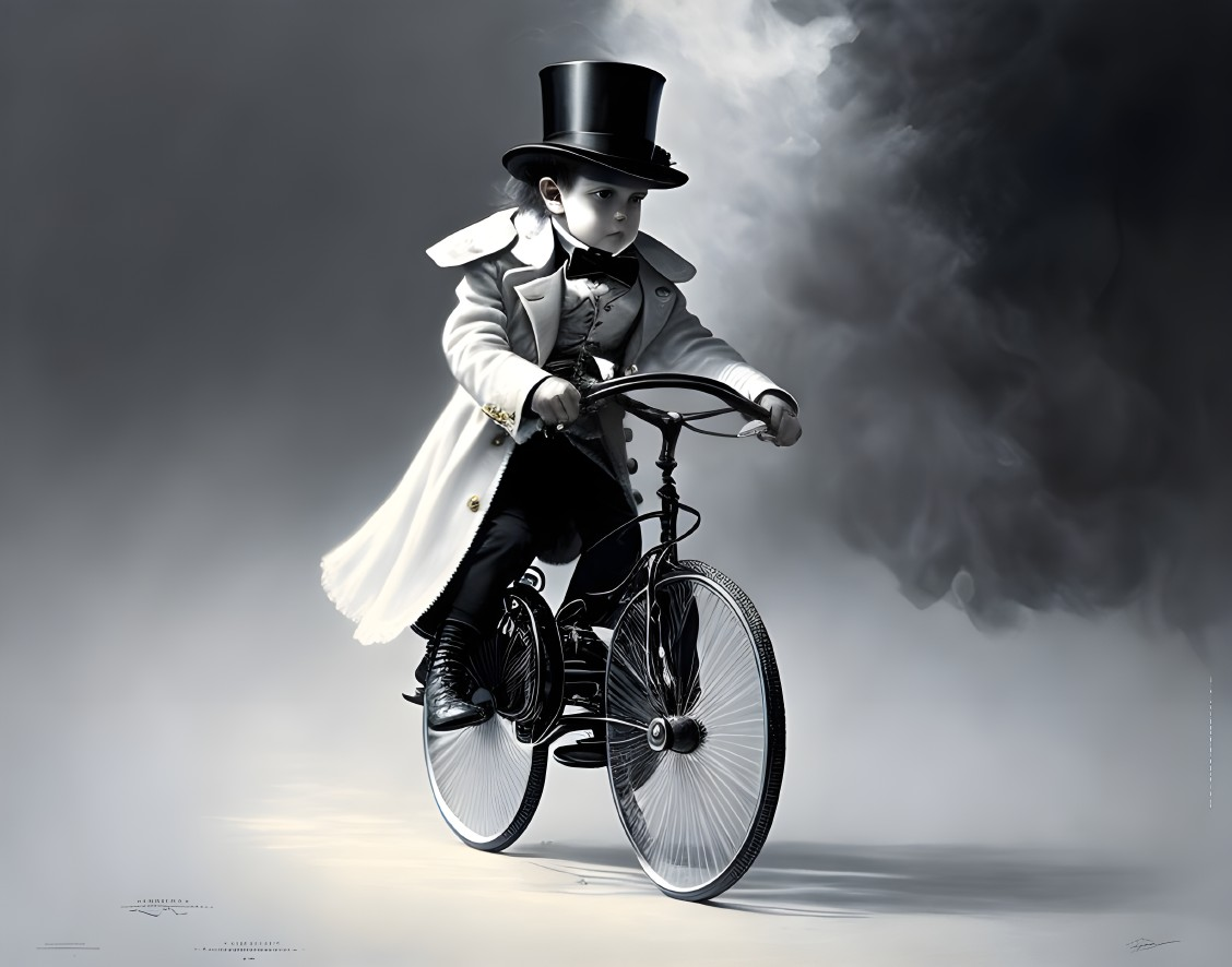 Character in top hat and tails rides vintage bicycle with dark smoke trail