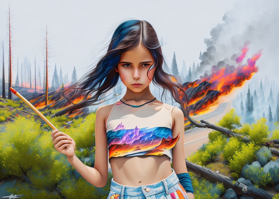 Digital artwork: Girl with flowing hair and paintbrush, top showing painted landscape blending with burning forest.