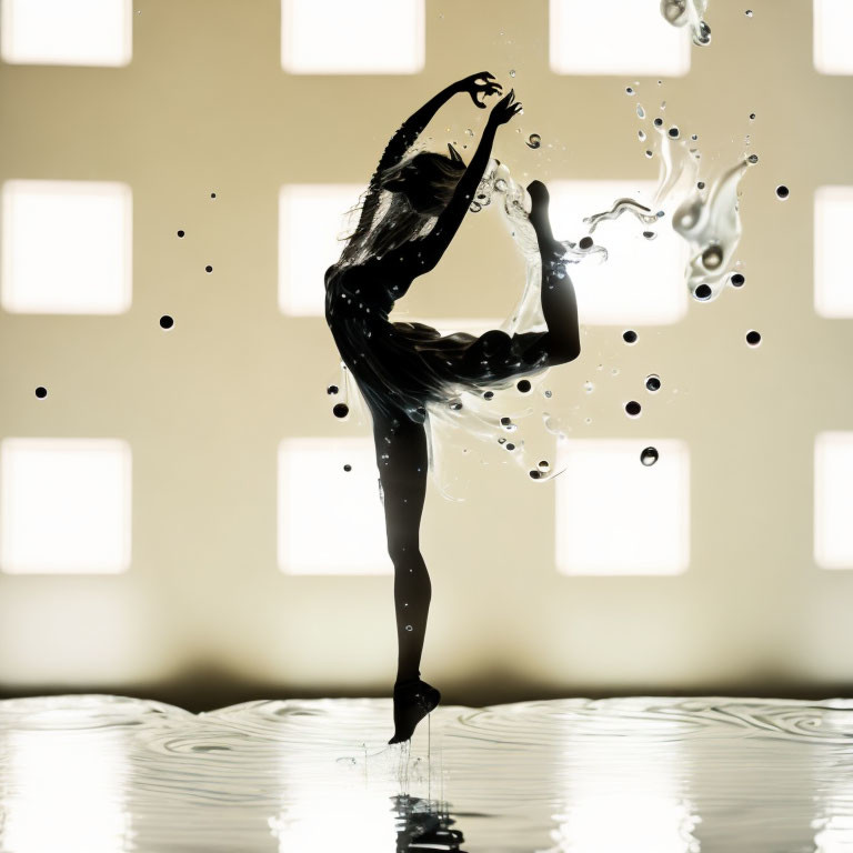 Silhouette of dancer with splashing water and warm backlighting
