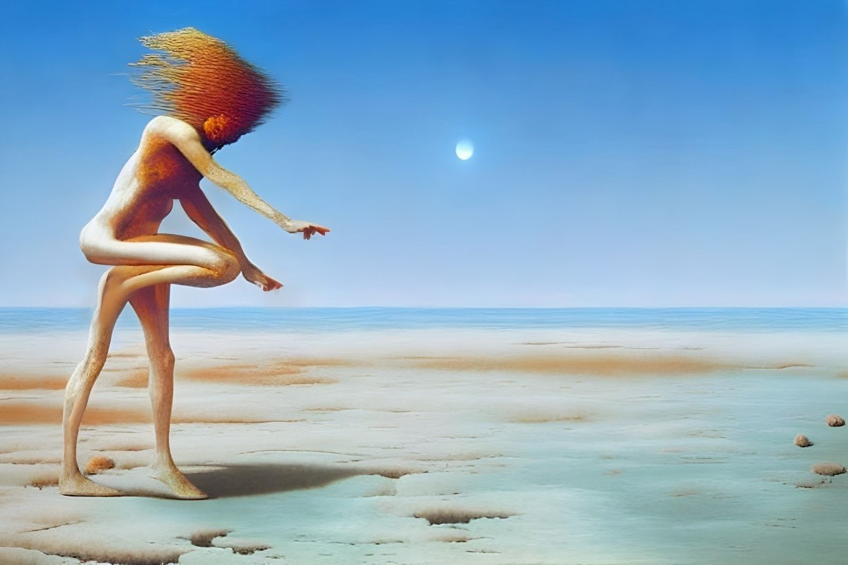 Surreal painting: Figure with elongated legs and fiery hair reaching for white orb in rocky landscape