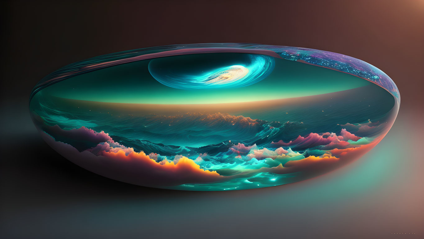 Cosmic seascape encapsulated in elliptical glass-like object