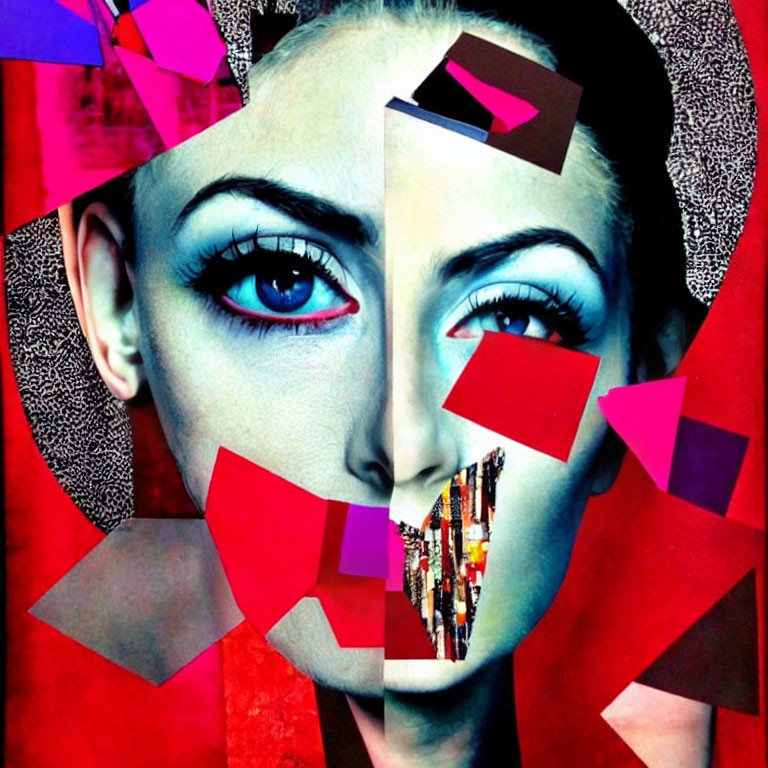 Vibrant digital collage of fragmented woman's face with geometric shapes on textured background