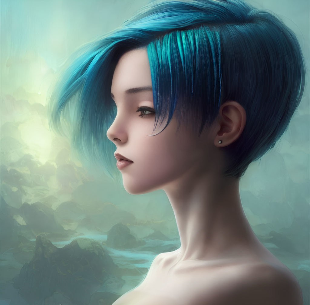 Vibrant blue-haired youth in digital art with piercing gaze