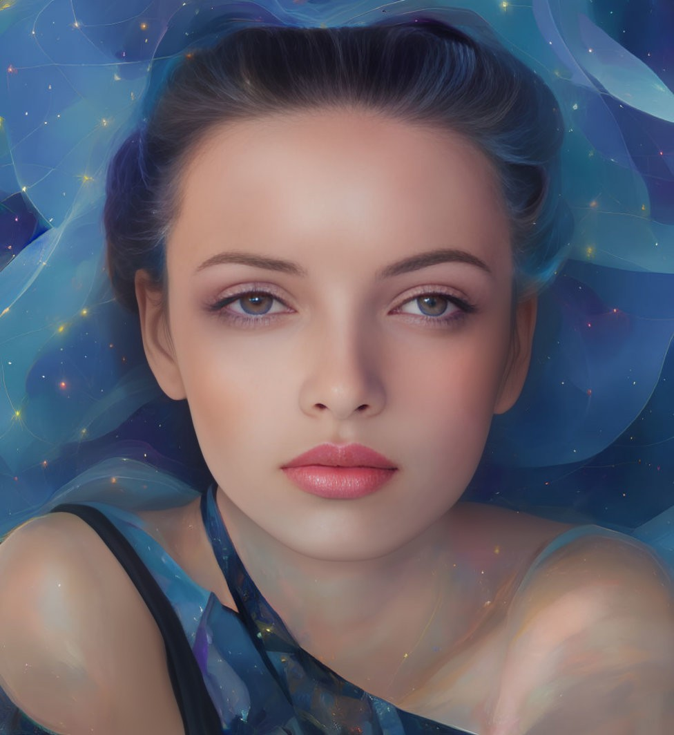 Portrait of a woman with cosmic background and striking features