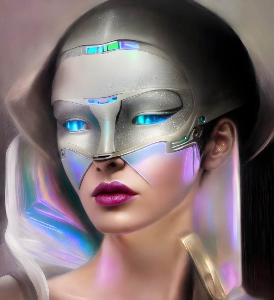 Female cybernetic being with metallic headpiece and glowing blue eyes