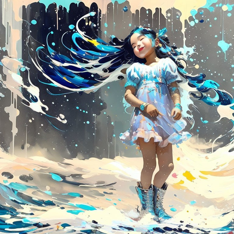 Whimsical girl with flowing blue hair dances in puddles