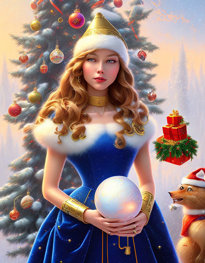 Holiday-themed illustration: Woman in blue and white dress with glowing orb by Christmas tree and squirrel