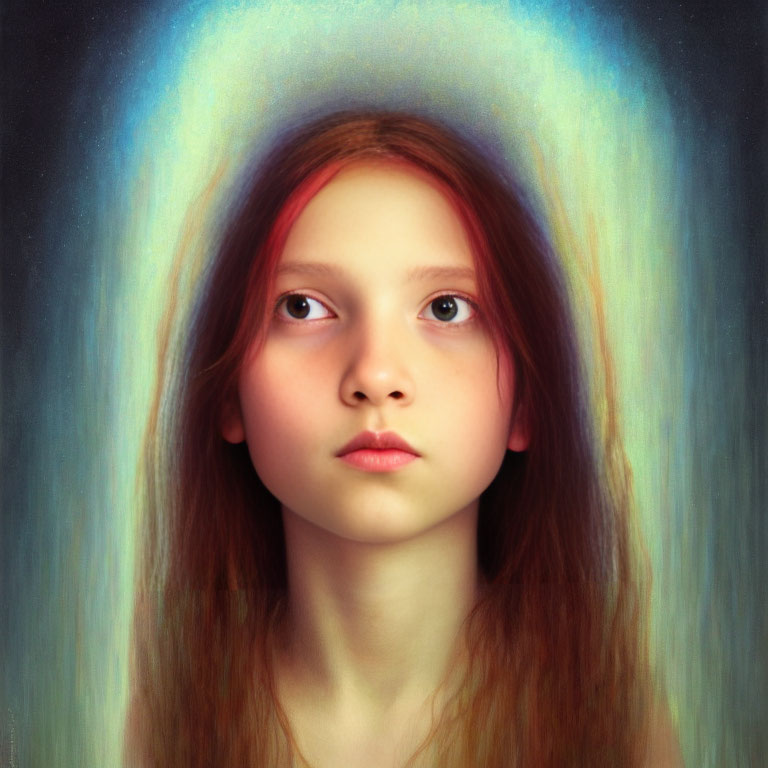 Young Girl with Long Red Hair and Ethereal Multicolored Light