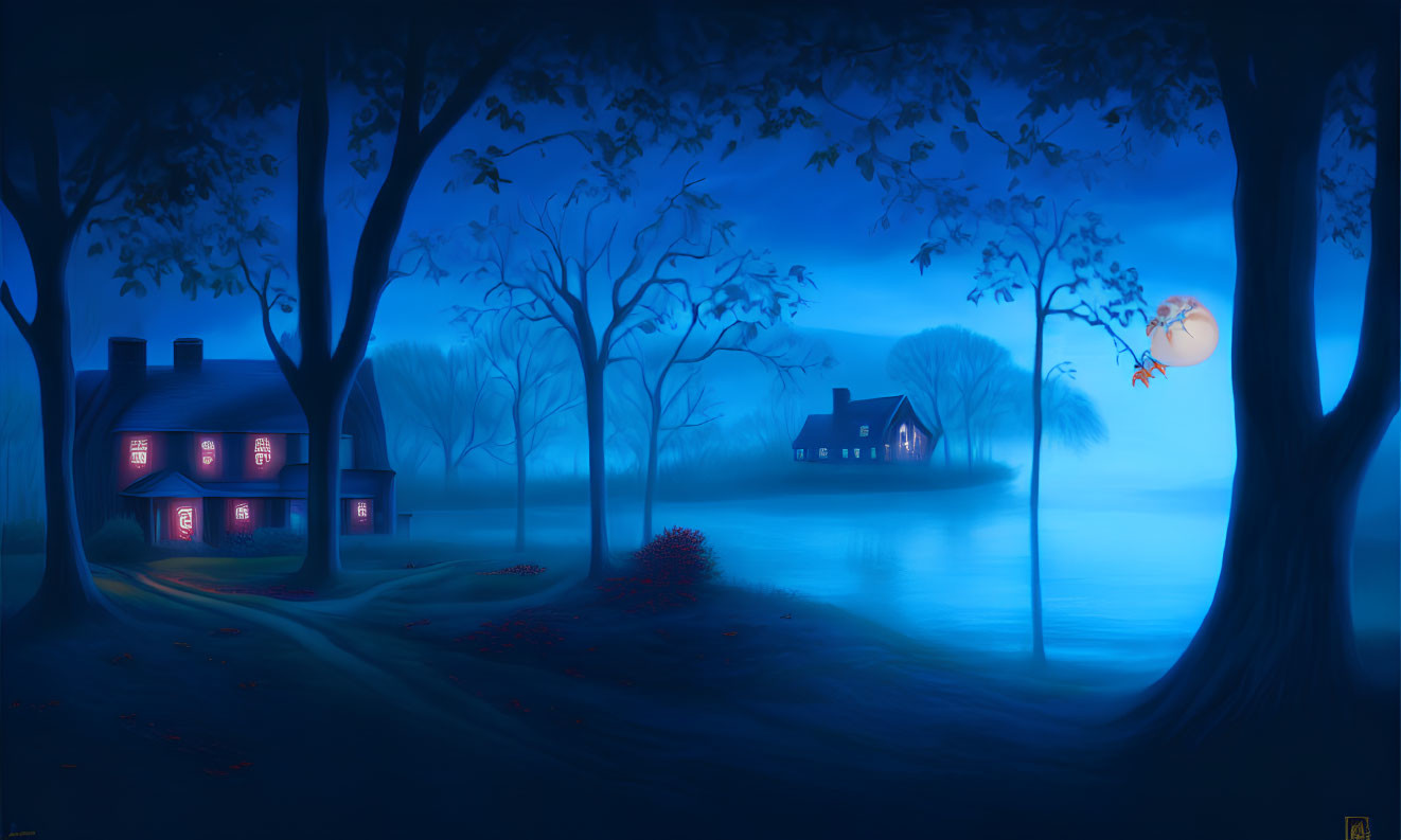 Night scene with illuminated houses, misty ambiance, and full moon.
