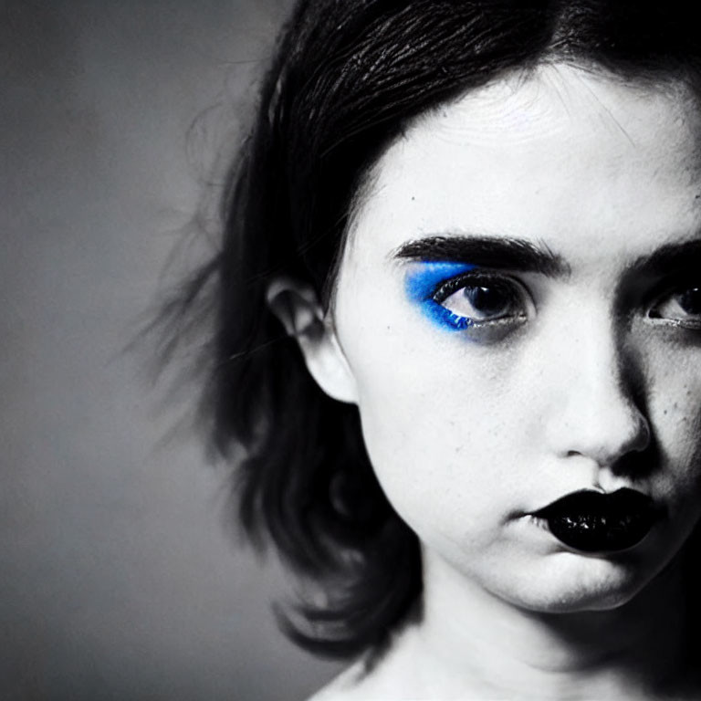 Monochrome portrait featuring bold blue eyeshadow and black lipstick