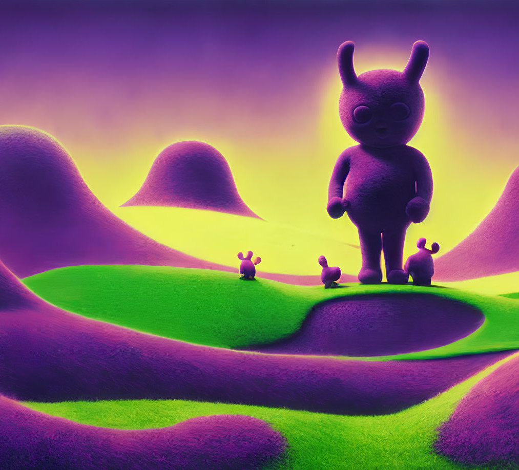 Surreal landscape with large horned character and smaller figures on vibrant hills