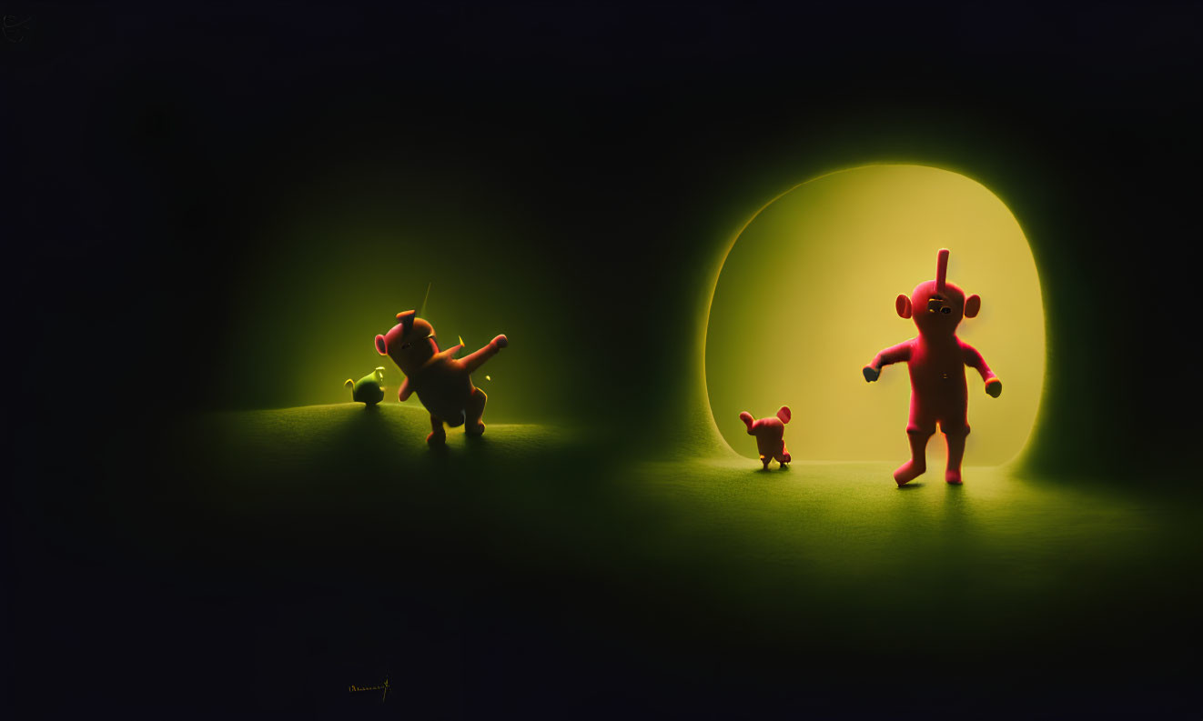 Three Teletubby-like figures in dark room with spotlights