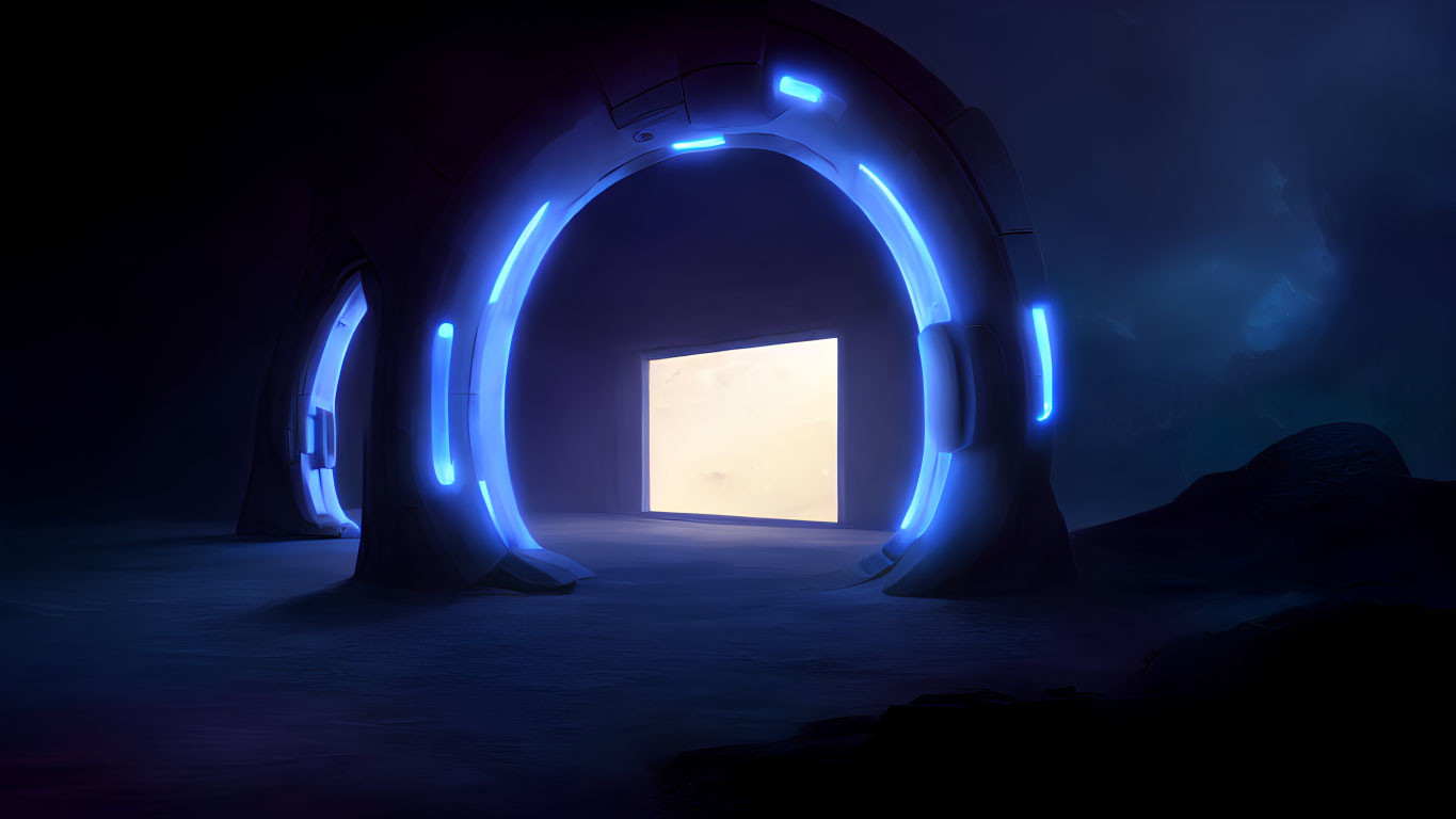 Futuristic tunnel with blue lights and glowing portal