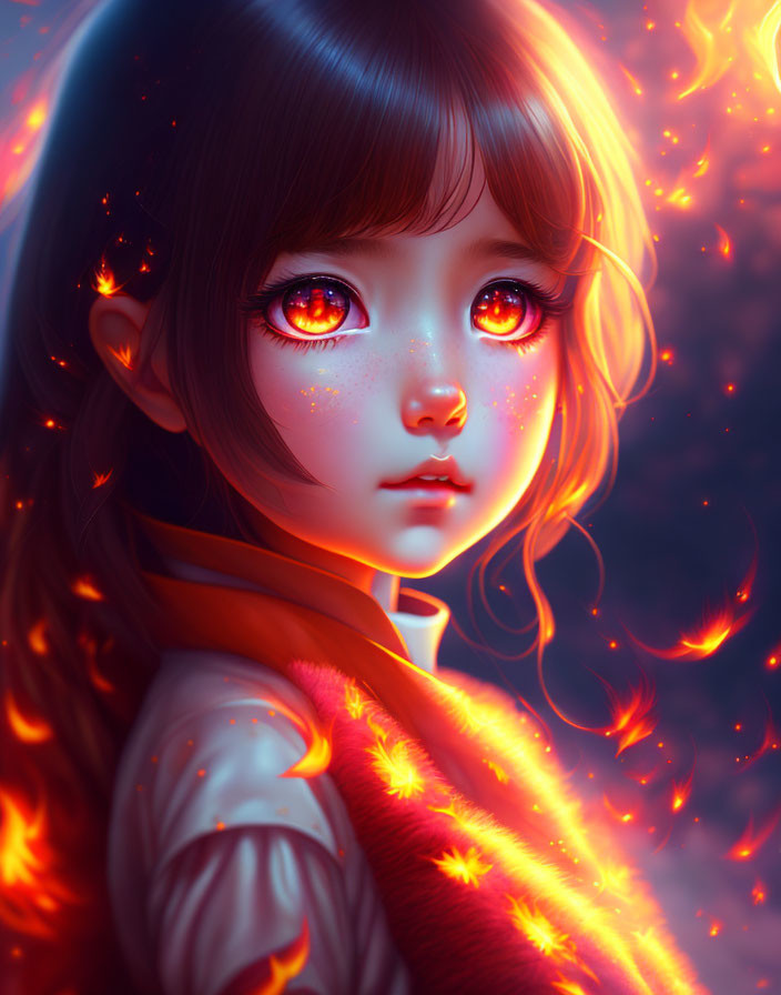 Digital artwork: Girl with glowing red eyes, fiery aura, and floating embers