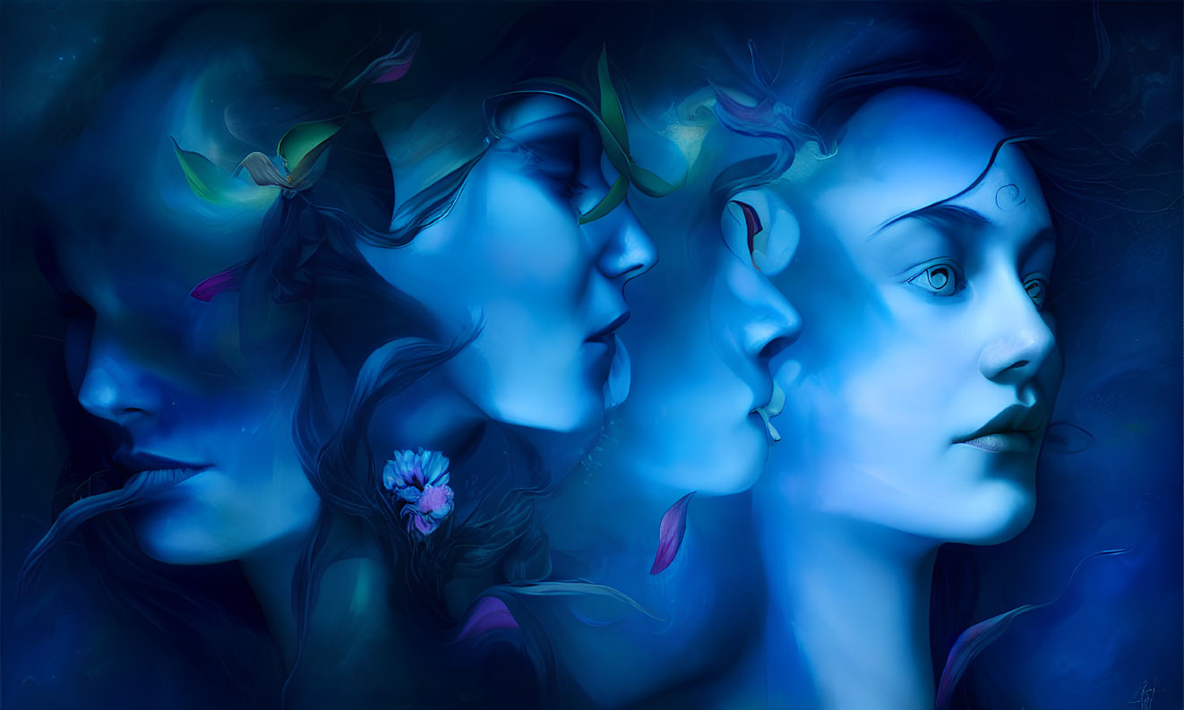 Surreal digital painting: Three female faces in profile with blue palette & ethereal leaves