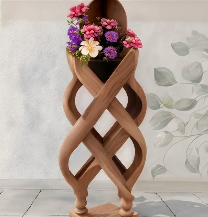 Wooden Helix-Shaped Vase Stand with Colorful Flowers on Leaf-Patterned Background