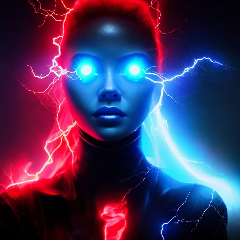 Person with Glowing Blue Eyes in Red Lightning on Dark Background