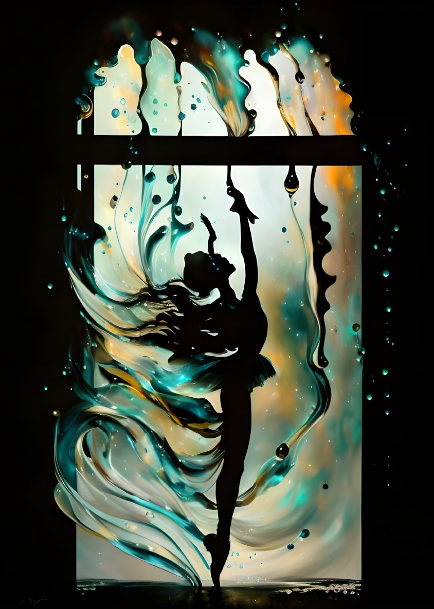 Silhouette of dancer with dynamic blue and white paint splashes