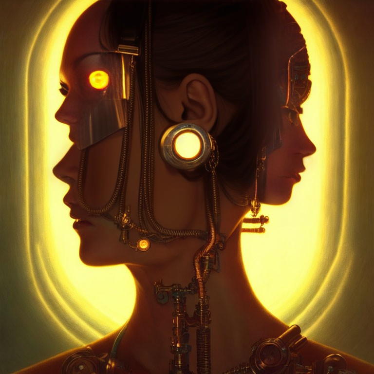 Female figure with cybernetic enhancements in futuristic profiles.
