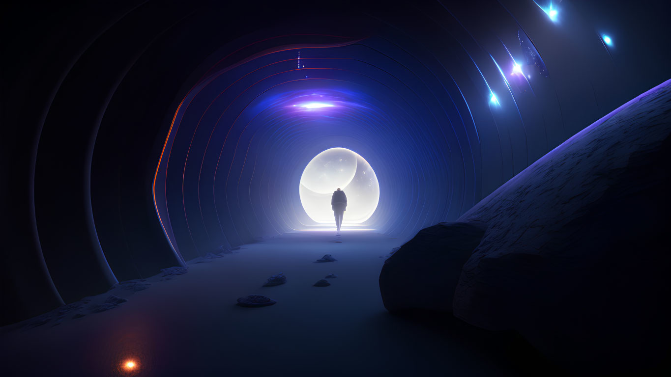Futuristic tunnel with solitary figure and glowing orb
