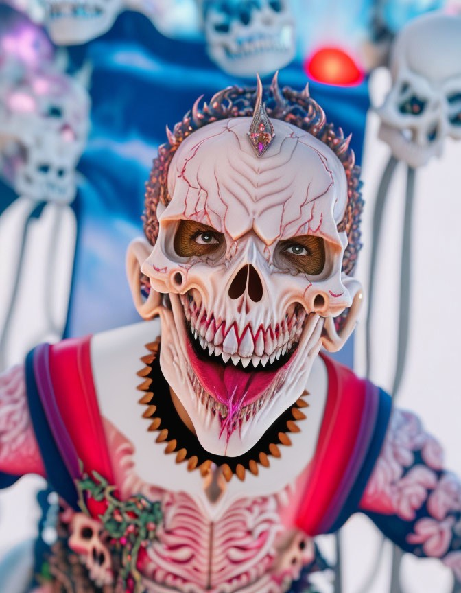 Colorful skeletal figure in intricate design on skull-filled backdrop