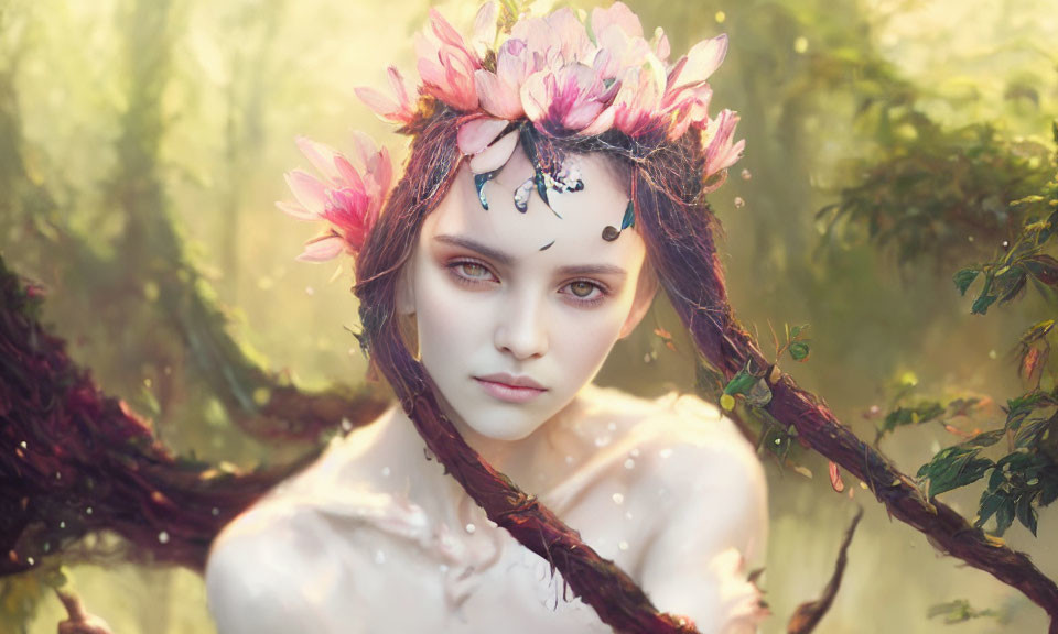 Portrait of woman with pink flowers in hair in mystical forest setting