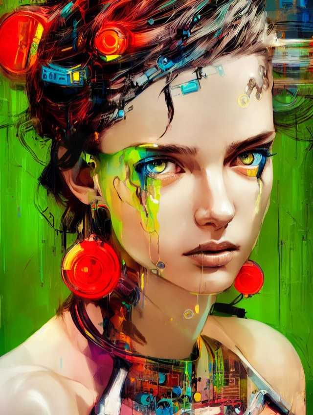 Vibrant digital artwork: Woman with cybernetic enhancements on green background
