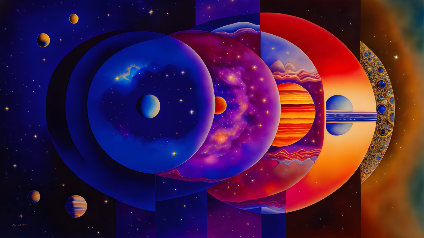 Colorful Stylized Planets Aligned in Cosmic Art