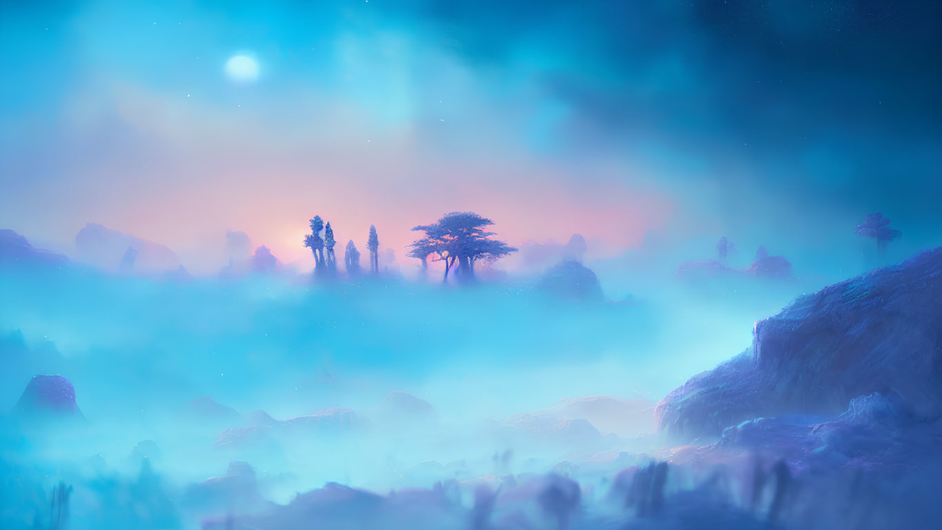 Tranquil landscape with silhouetted trees in mystical fog