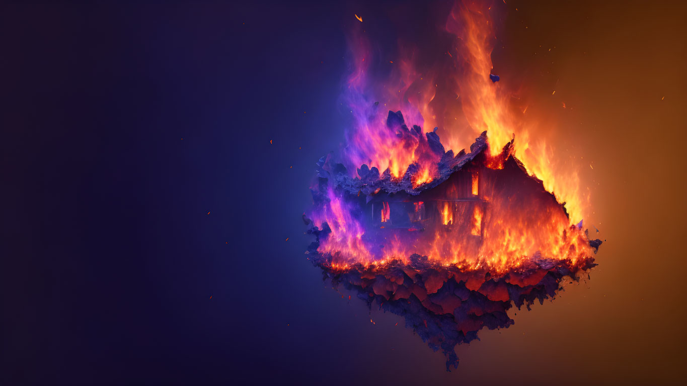 Intense flames engulf house on blue-orange gradient background