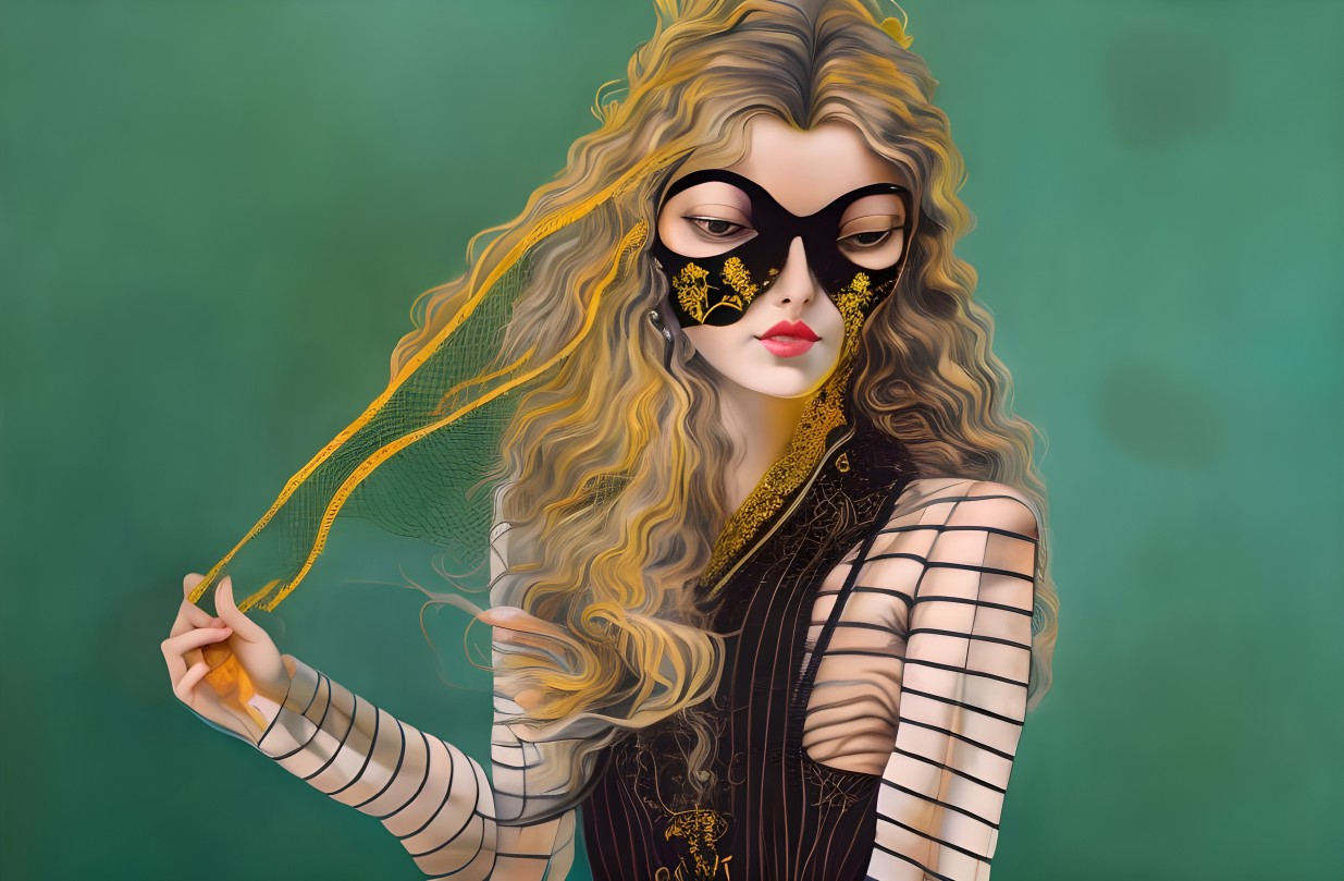 Stylized illustration: Woman with curly blonde hair, black and gold mask, striped outfit, green