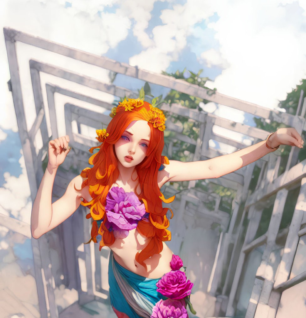 Illustration of Woman with Red Hair and Flowers in Dreamy Sky