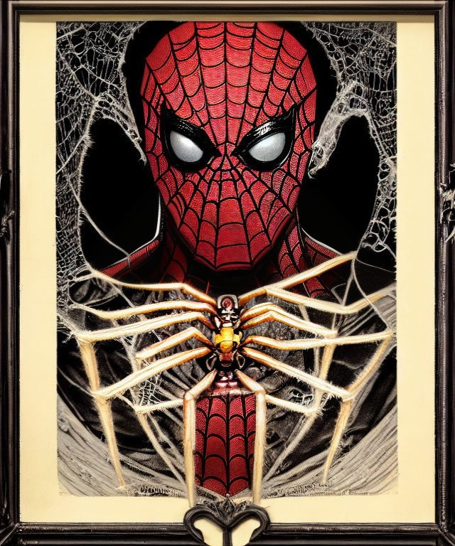 Golden spider illustration on webbed background in gallery frame