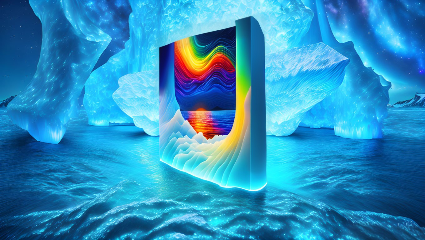 Surreal computer monitor portal in icy arctic landscape